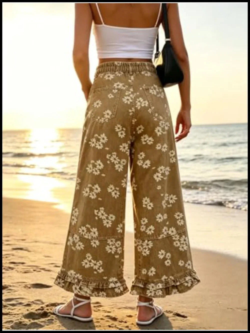 Y2k Crop Ruffle Hem Wide Leg Jeans Baggy Floral Print Patchwork Ankle Denim